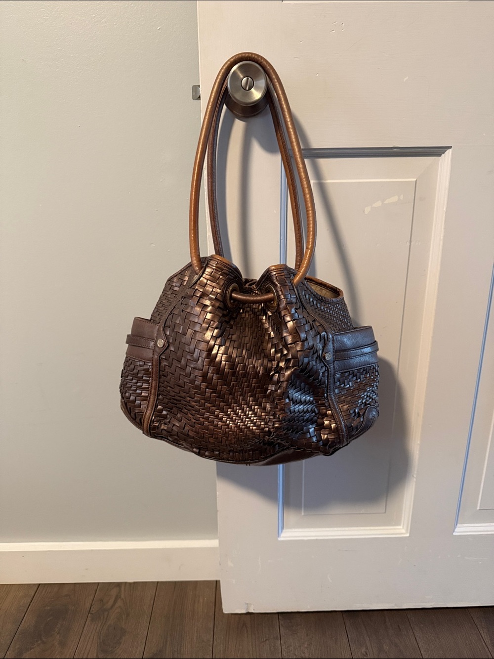 Cole Haan Genevieve Woven Leather Hobo Bag Metallic Bronze Boho